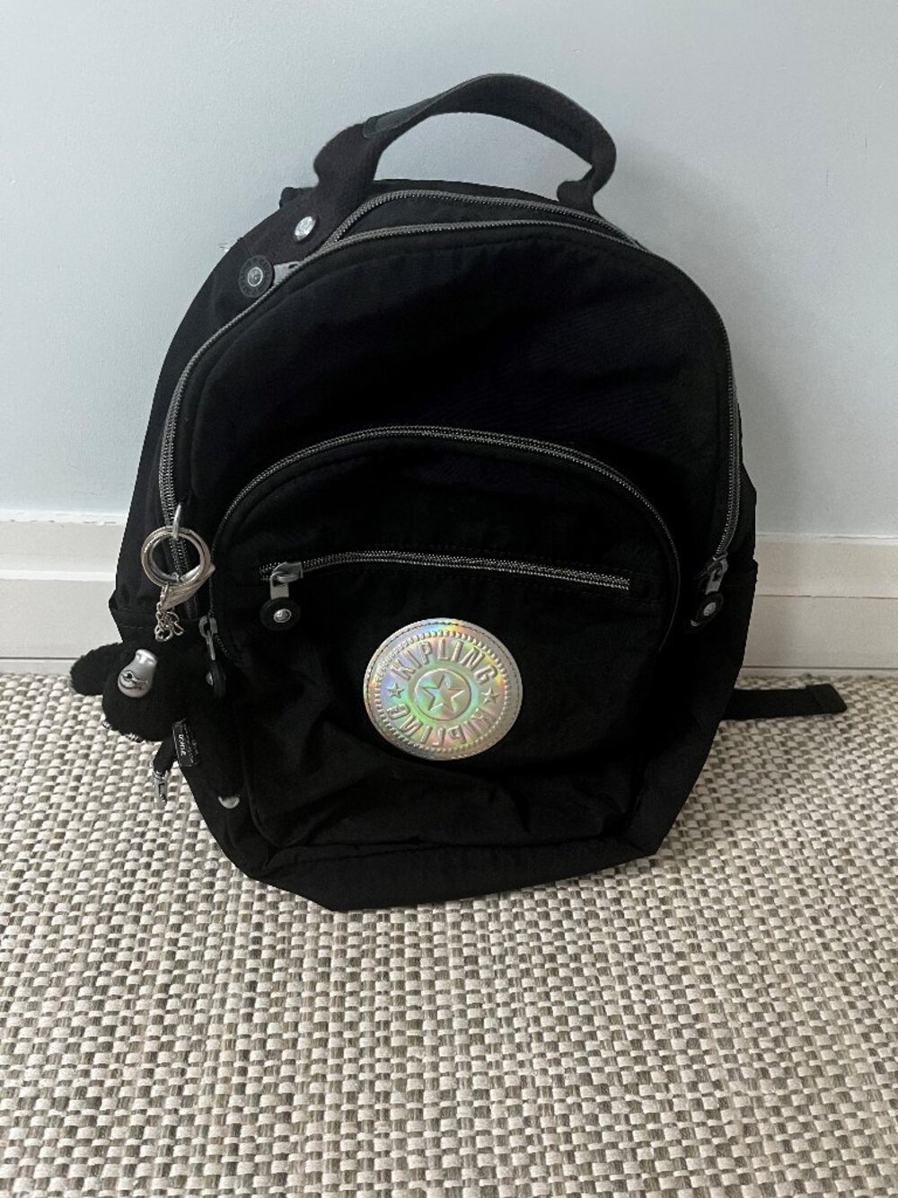 Black Kipling Small Backpack 15in Silver Zipper with keychain Barely Used